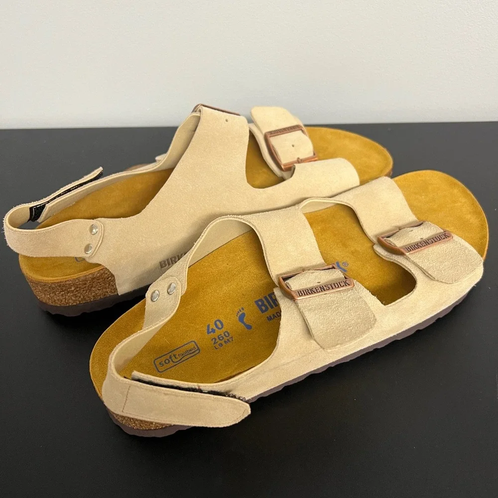 Birkenstock Milano Soft Footbed Suede Sandals Sand Beige EU 40 Women 9 NWOT